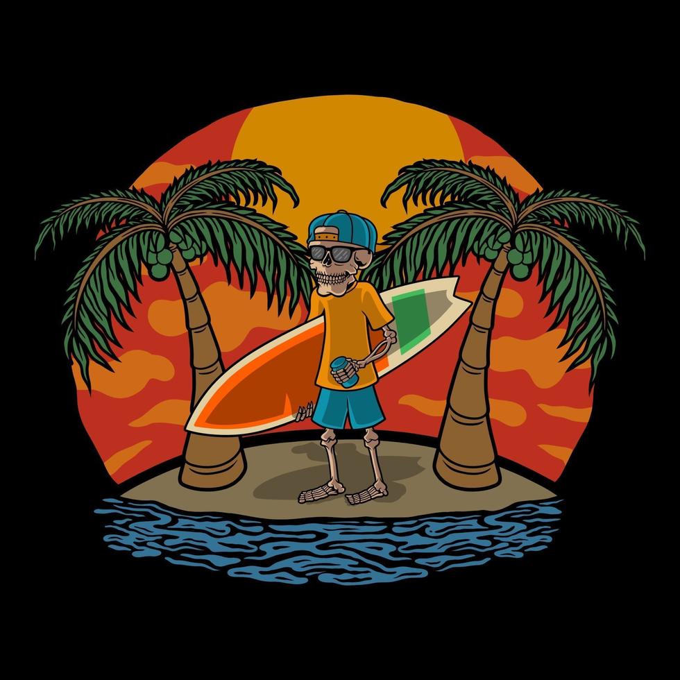 Ilustración calavera surf y playa vector premium