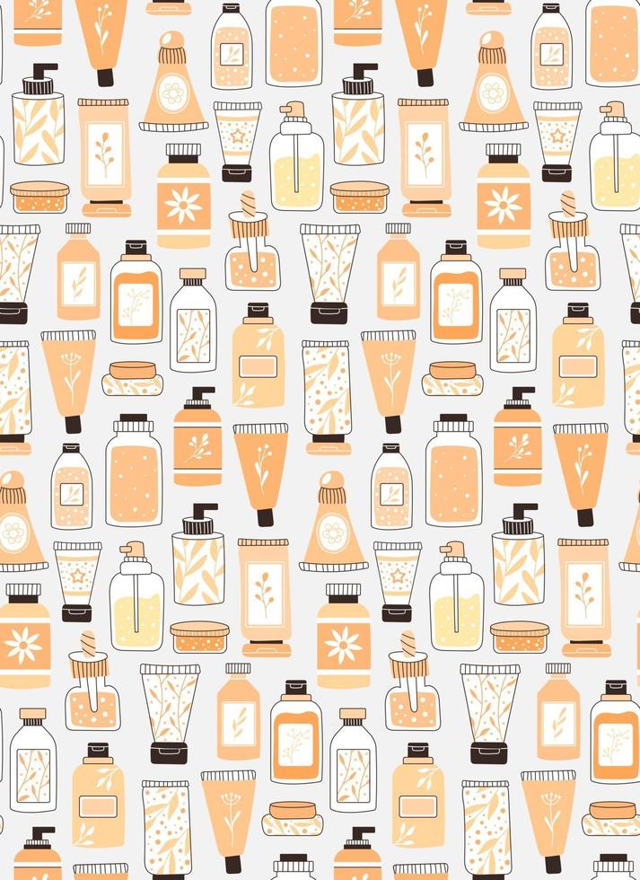 Seamless repeating pattern with cosmetics. A set of bottles and tubes vector