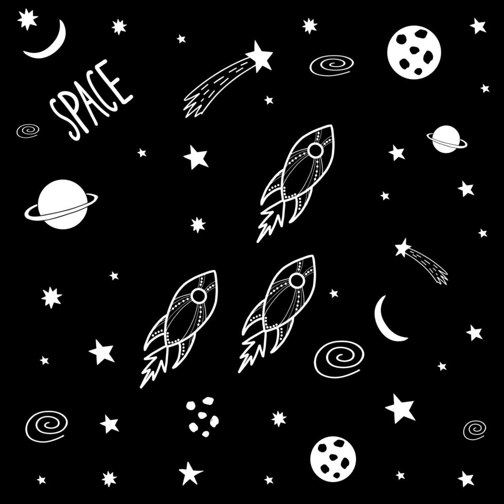 Cute cartoon doodle rockets in outer space. Galaxy pattern vector