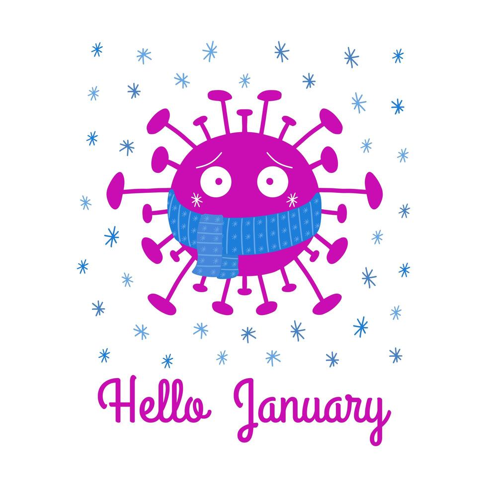 Hello January. Cartoon coronavirus in blue scarf with snowflakes vector