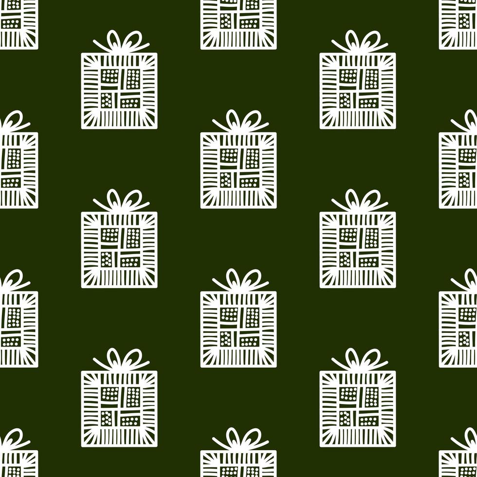 Seamless pattern, white doodle gift boxes with bow on green background vector