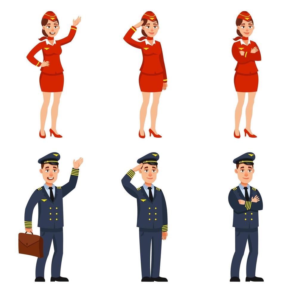 Airplane pilot and stewardess in different poses. vector