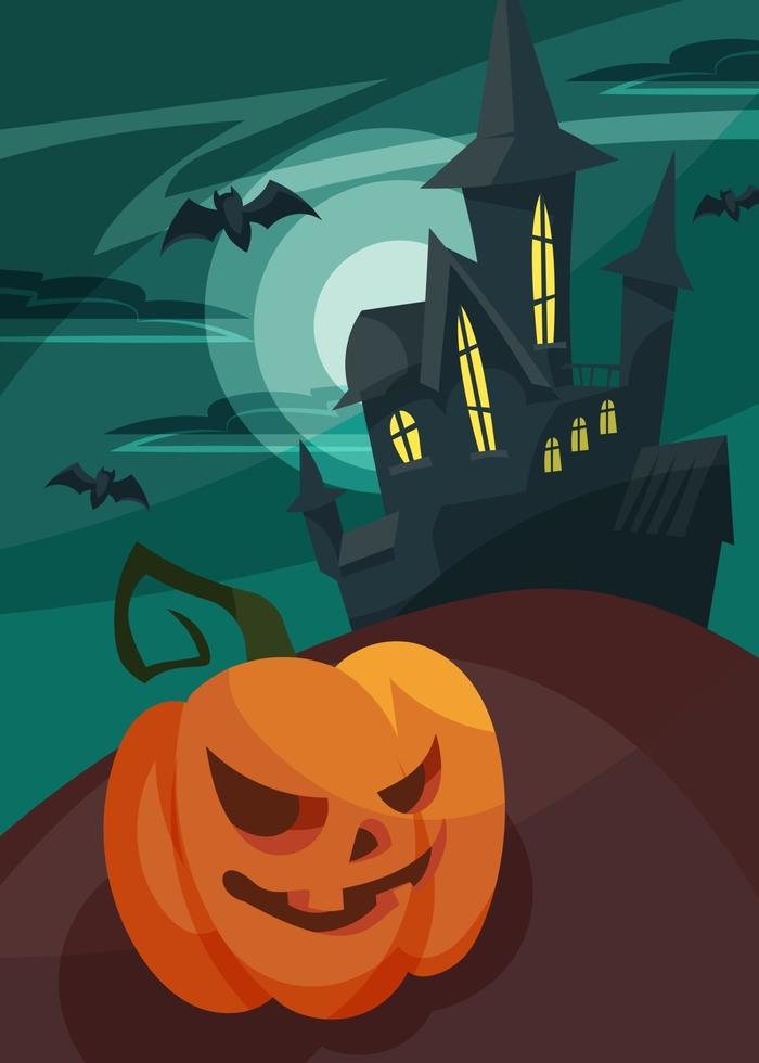 Poster with pumpkin head on background of castle. vector