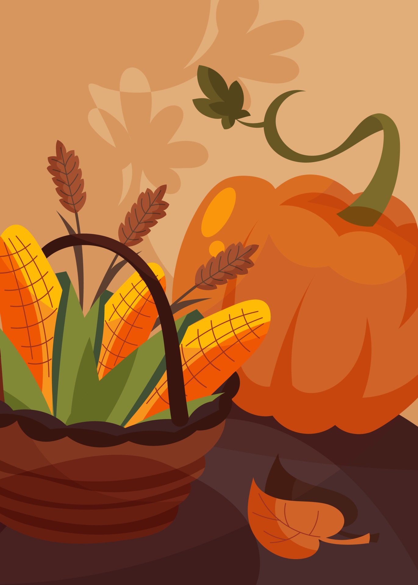 Poster with basket of corn and pumpkin. Thanksgiving postcard design ...