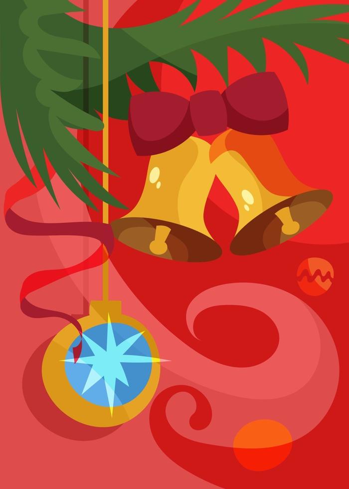 Poster with christmas tree ball and bells. Holiday postcard design. vector