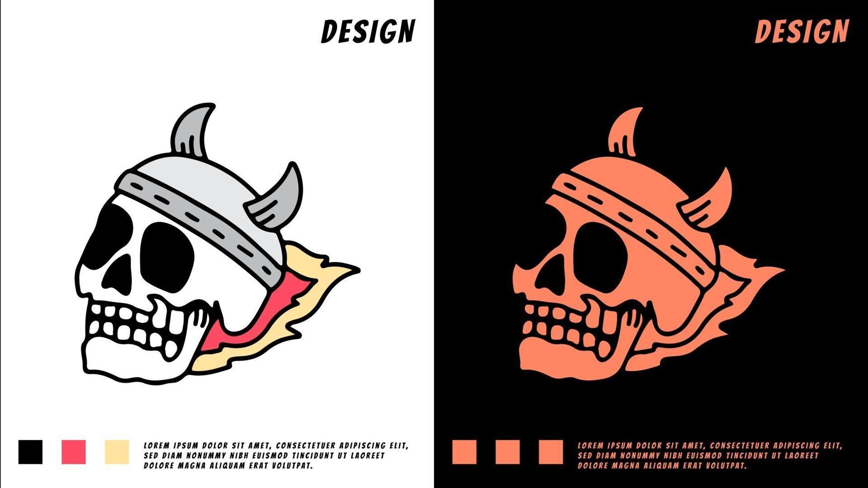 Cabeza de calavera con casco vikingo y fuego, ilustración para camiseta vector