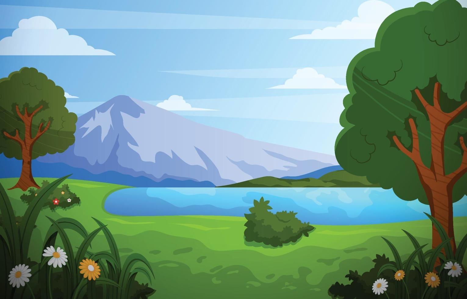 paisaje de naturaleza verde con montaña y lago vector