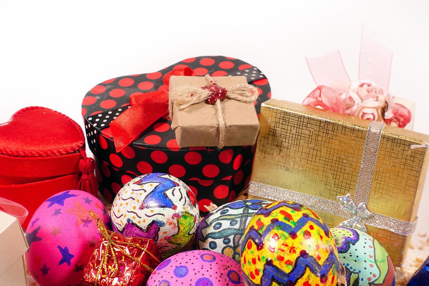 Colorful Paschal Easter Eggs and Gift Box photo