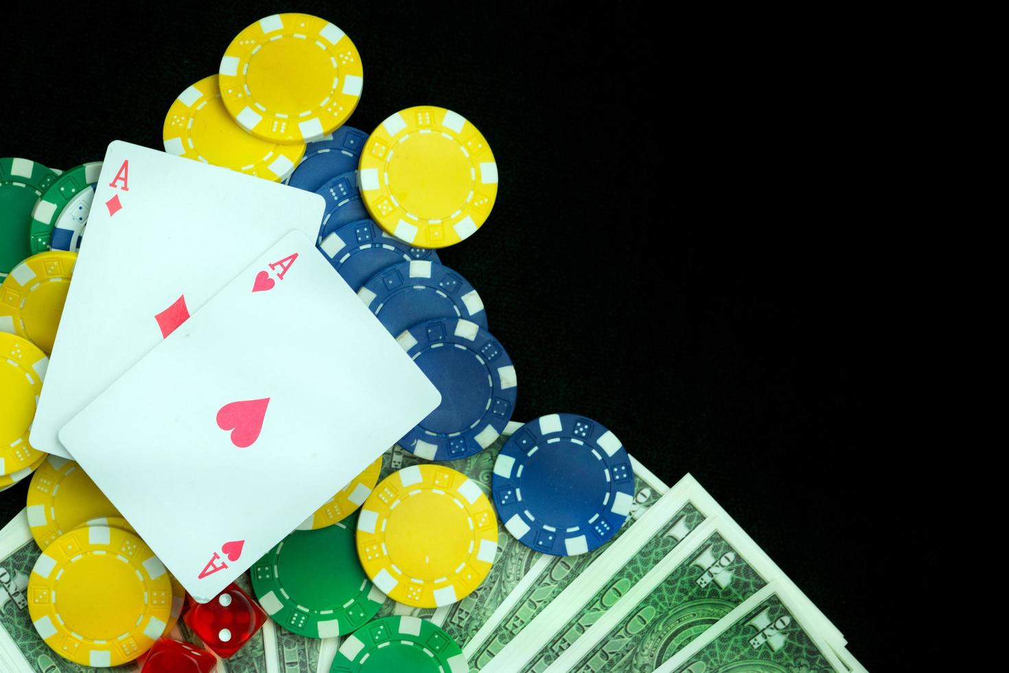 Red Dices Money Chips and Gambling Cards photo