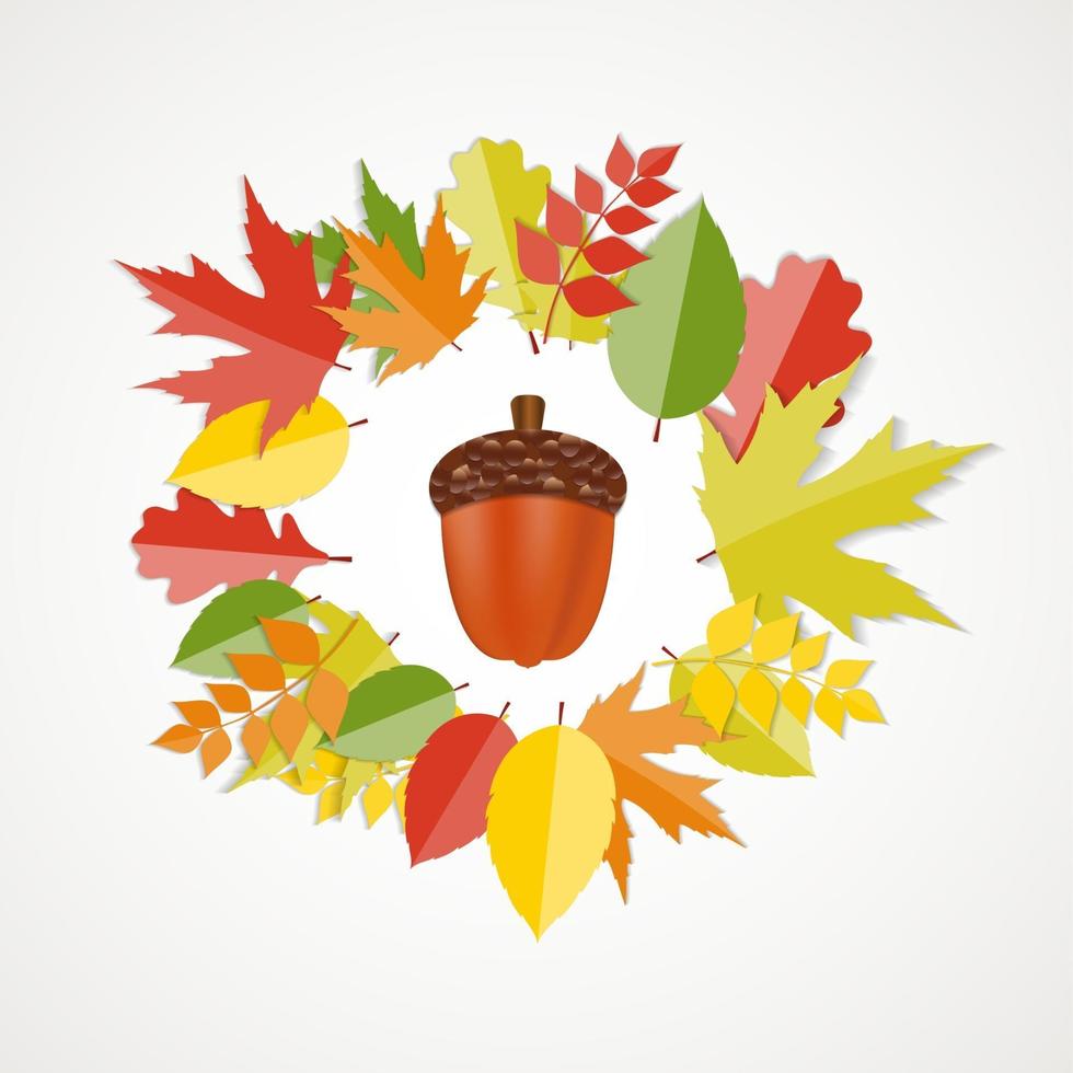 Acorn with Leaves Vector Autumn Illustration