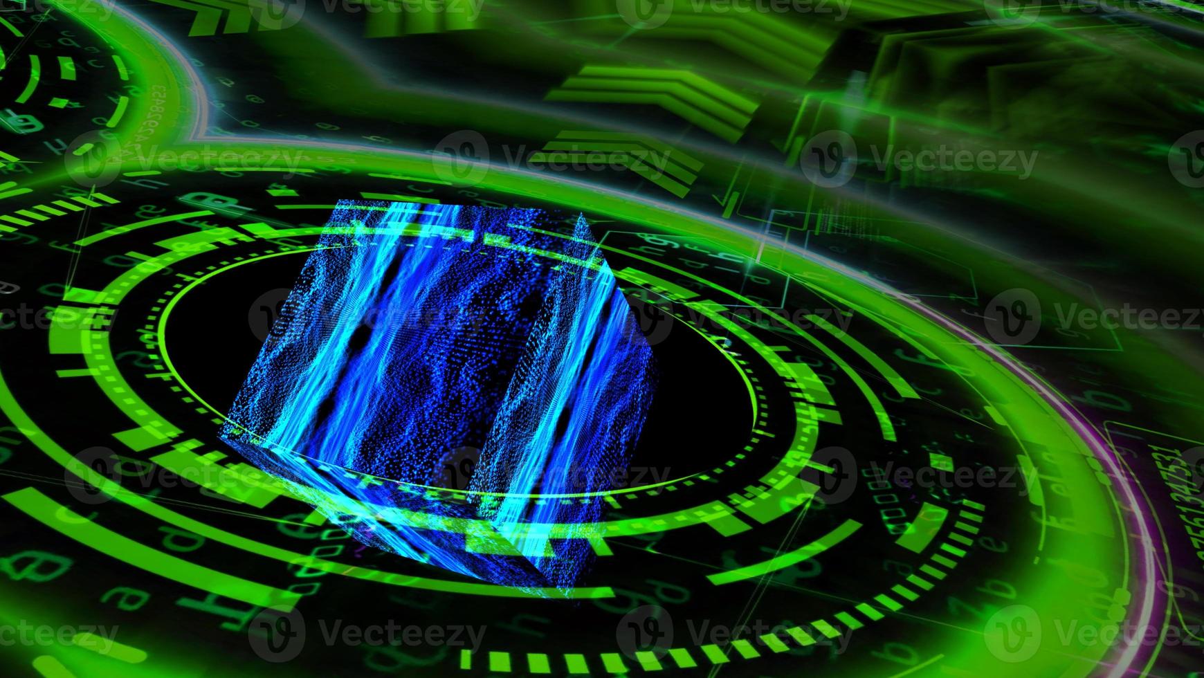 Quantum futuristic technology computer green ring with digital cube photo