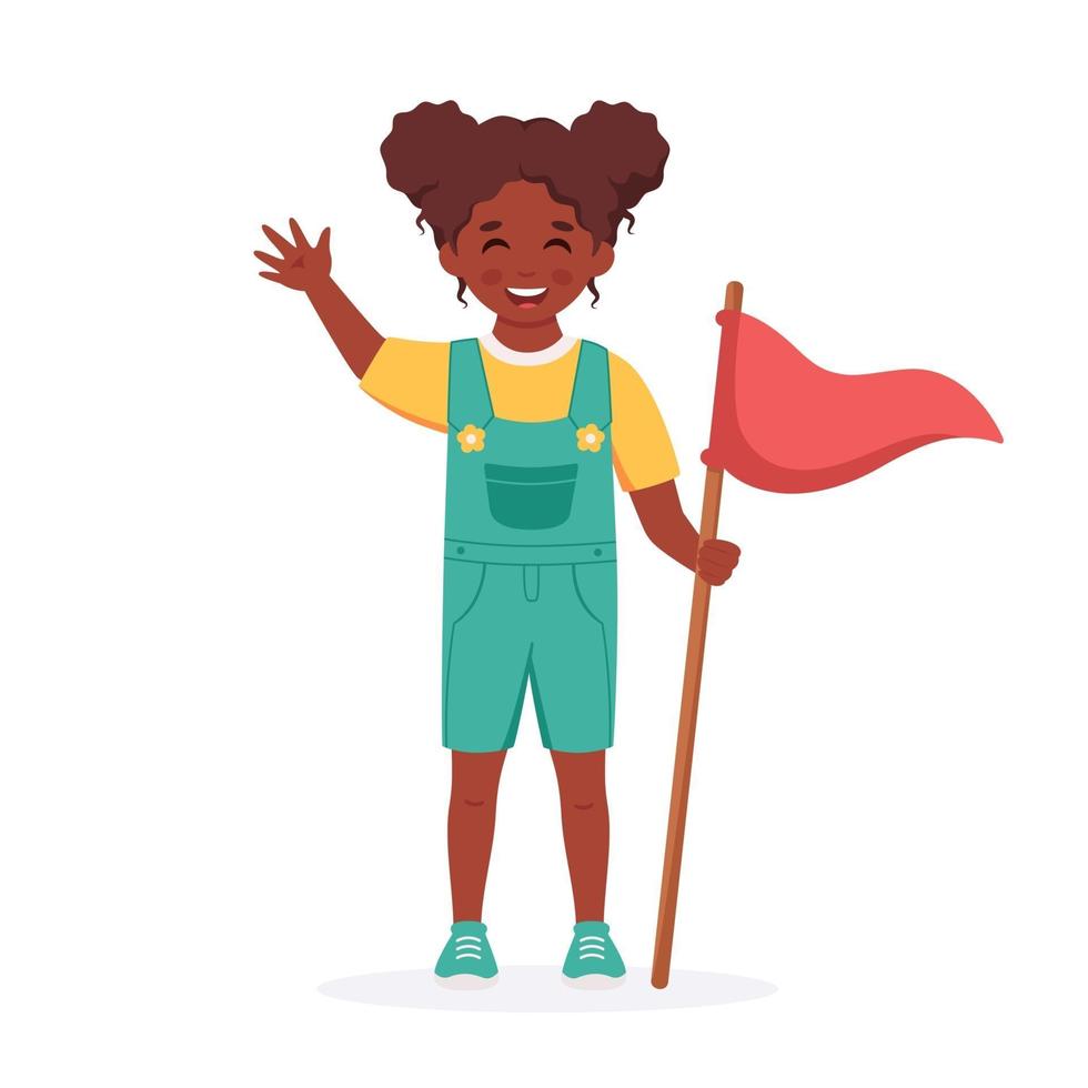 chica negra con bandera de campamento. niña exploradora. camping, campamento de verano para niños vector