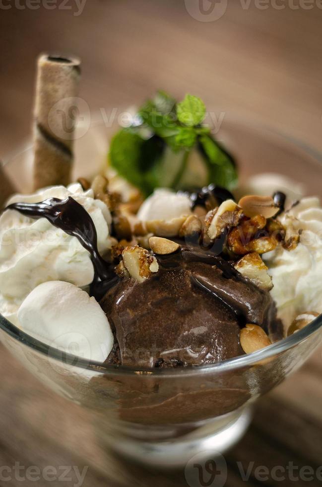 Organic chocolate and mint vanilla ice cream sundae dessert in bowl photo