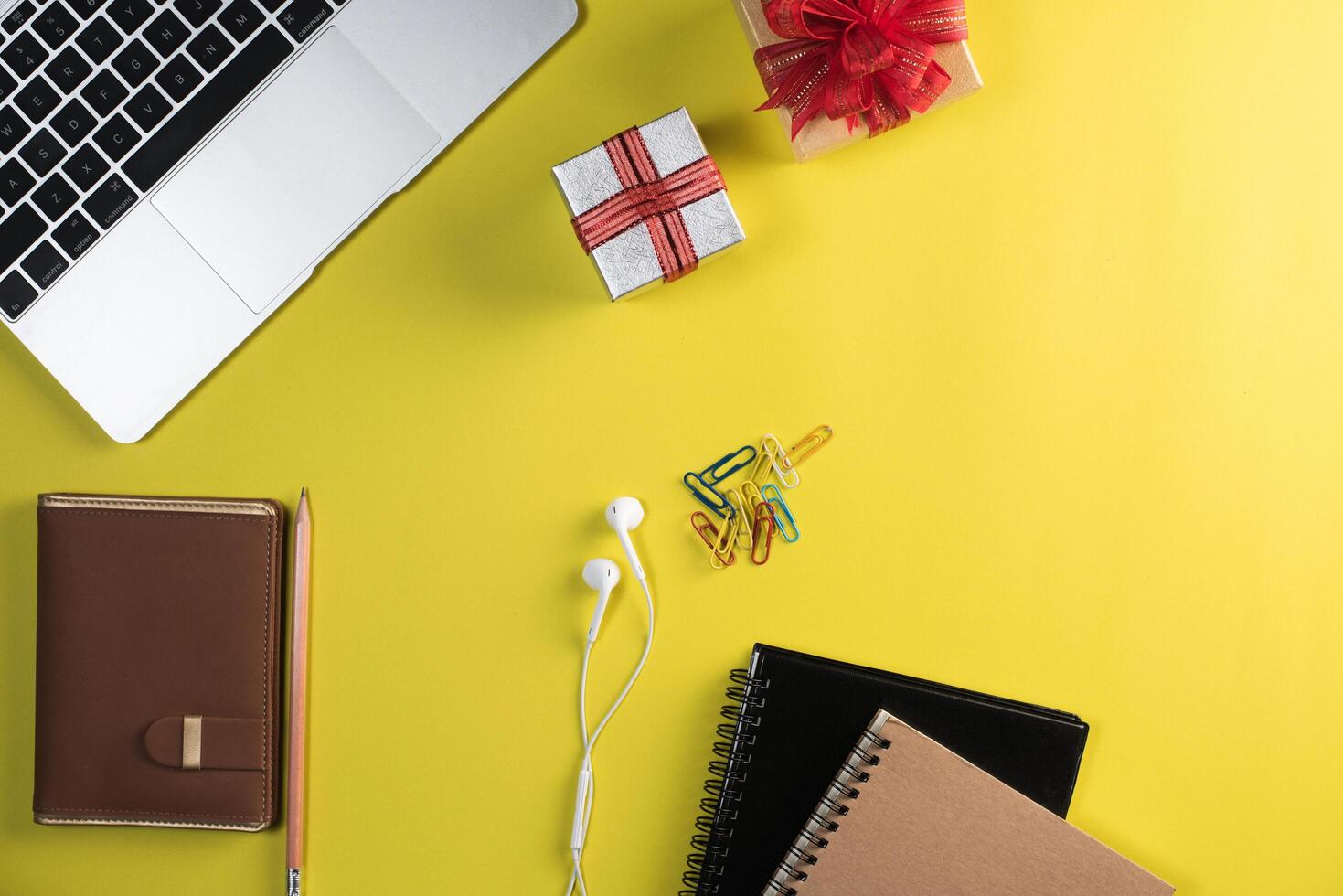 Flat lay, top view office table desk. Workspace background. photo