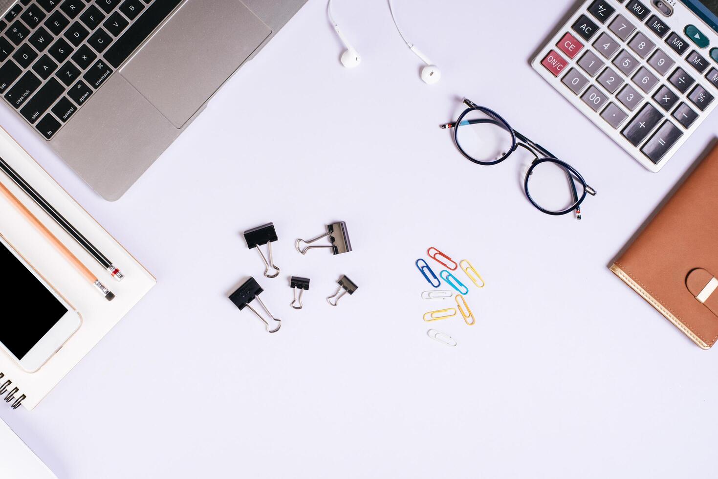 Flat lay, top view office table desk. Workspace background. photo