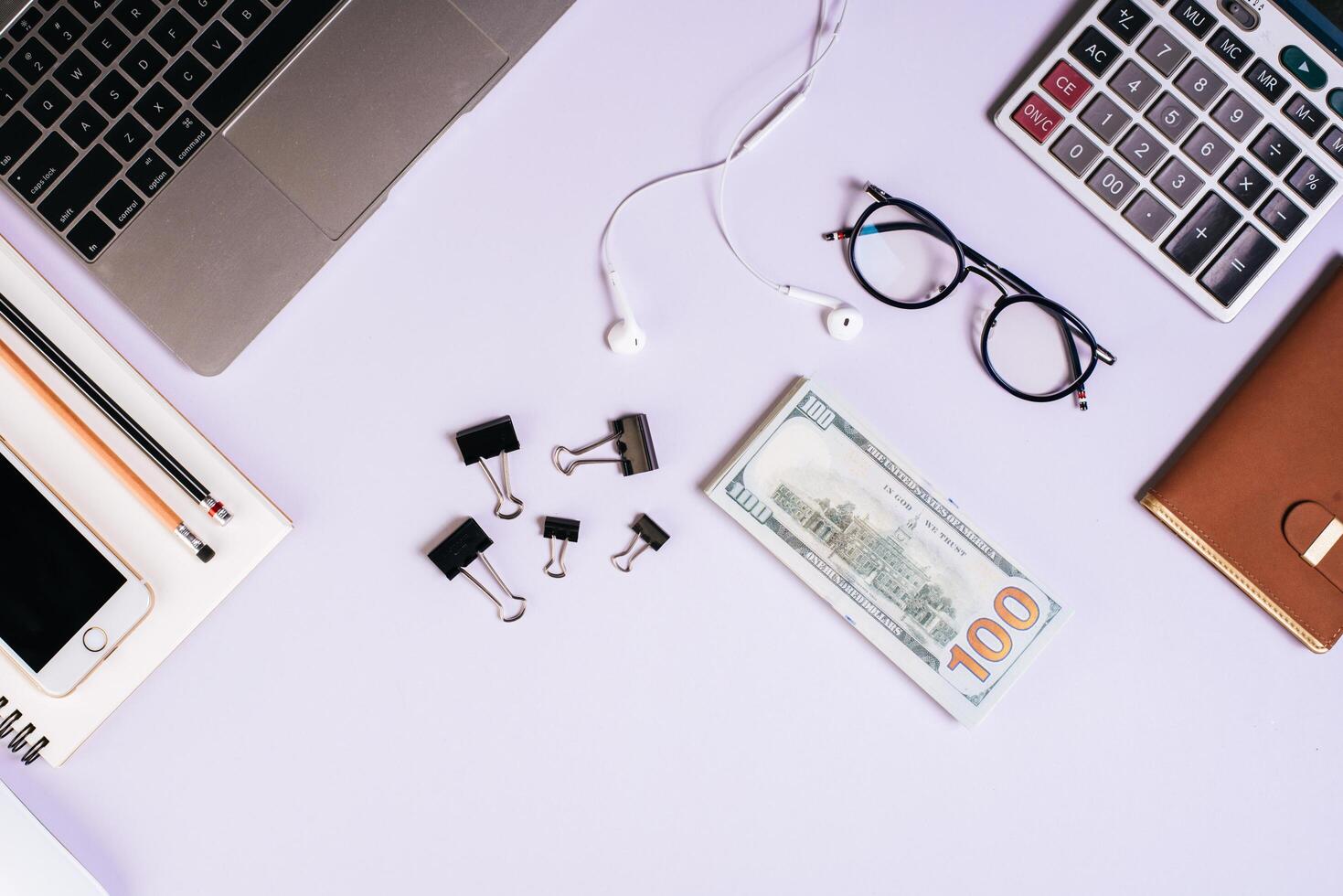 Flat lay, top view office table desk. Workspace background. photo