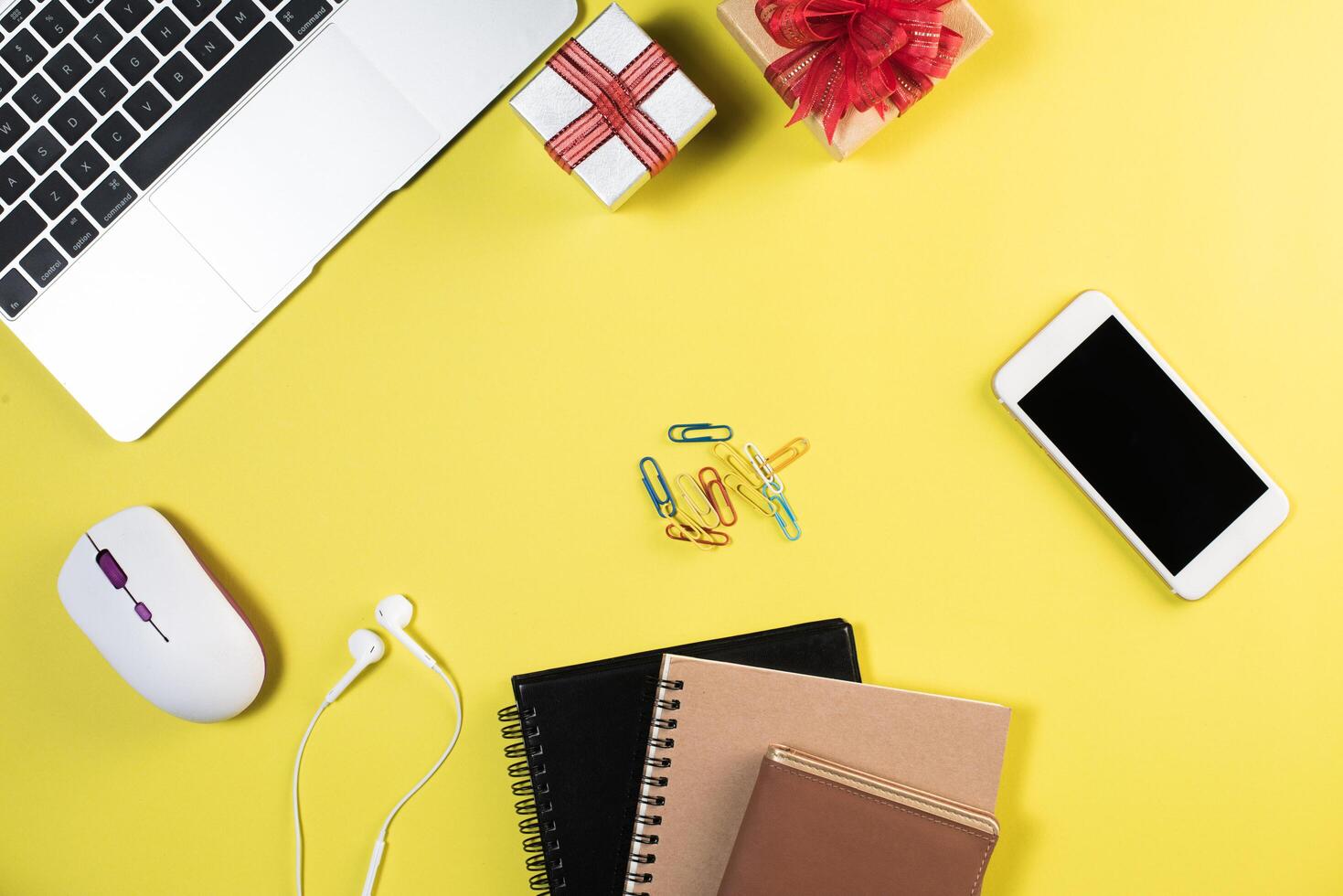 Flat lay, top view office table desk. Workspace background. photo