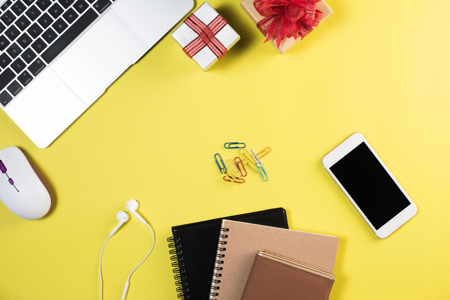 Flat lay, top view office table desk. Workspace background. photo