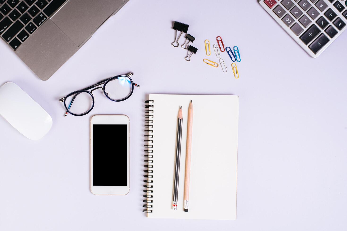 Flat lay, top view office table desk. Workspace background. photo