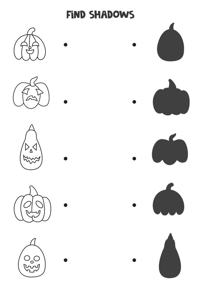 encuentra las sombras correctas de las calabazas de halloween en blanco y negro. vector