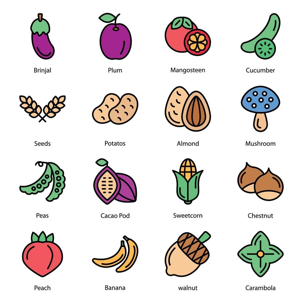 Fruits and Vegetables Colored Line vector