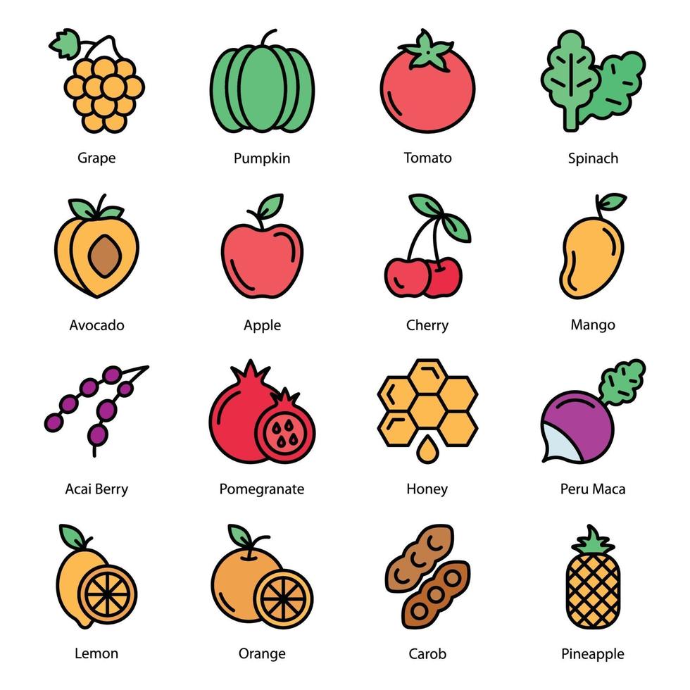 línea de color de frutas y verduras vector