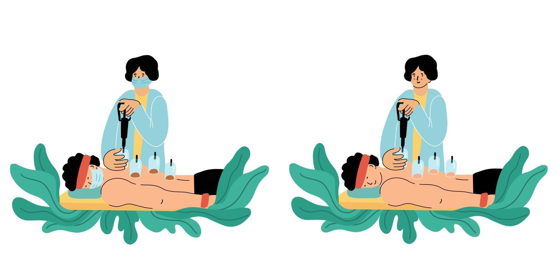 Person receiving vacuum cupping treatment. Alternative medicine. vector