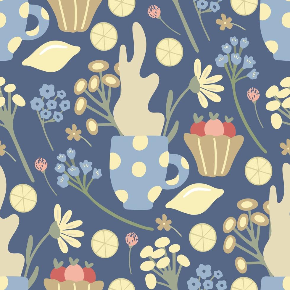 Herbal tea seamless pattern with lemons, wildflowers, mugs on blue vector