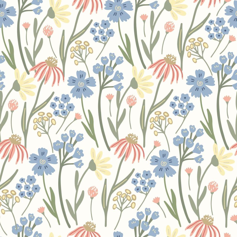 Herbal seamless pattern with meadow flowers on light yellow. vector