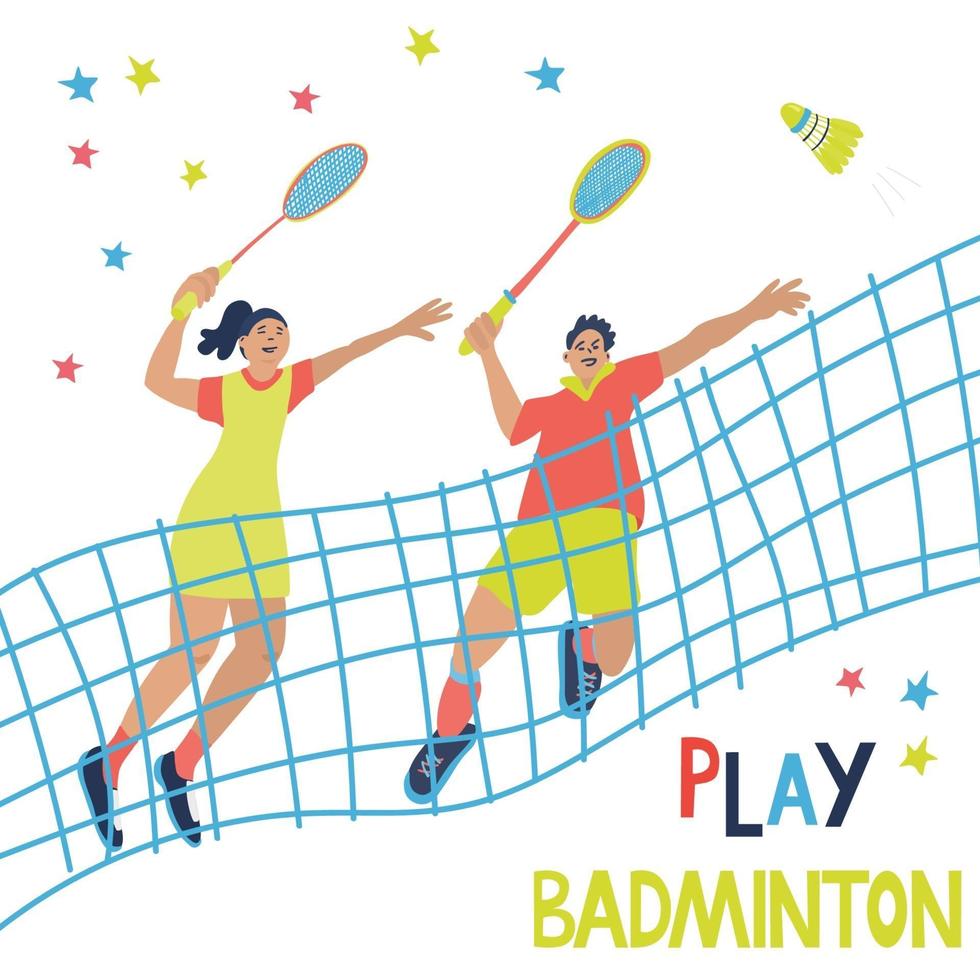 Mixed doubles badminton game. Man and woman vector