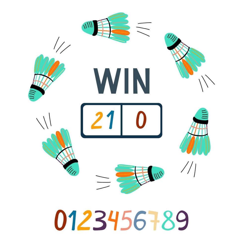 Round frame with shuttlecocks and badminton scoreboard with 21 and 0 vector