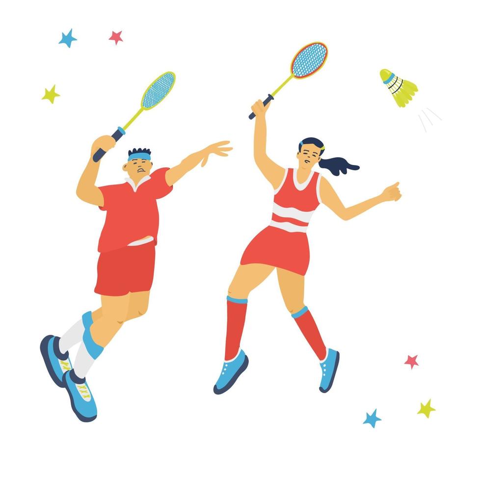 Mixed doubles badminton game. Man and woman vector