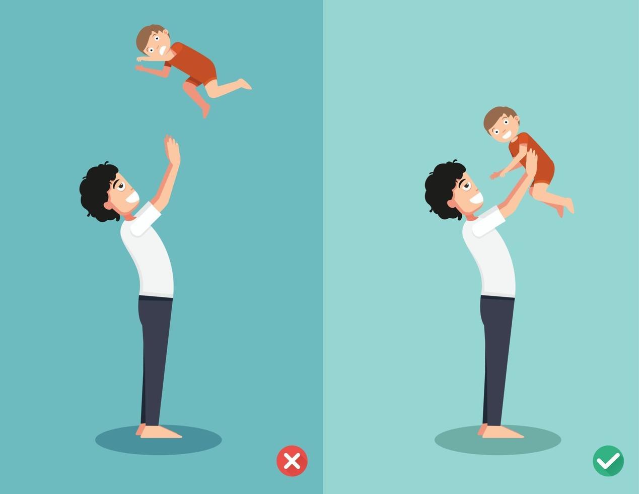 Right and wrong ways for playing with the baby vector