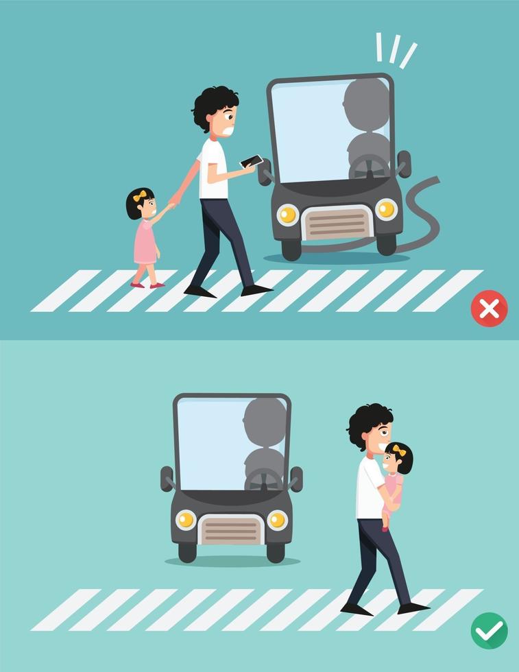 watch your step.man with child on the crosswalk vector