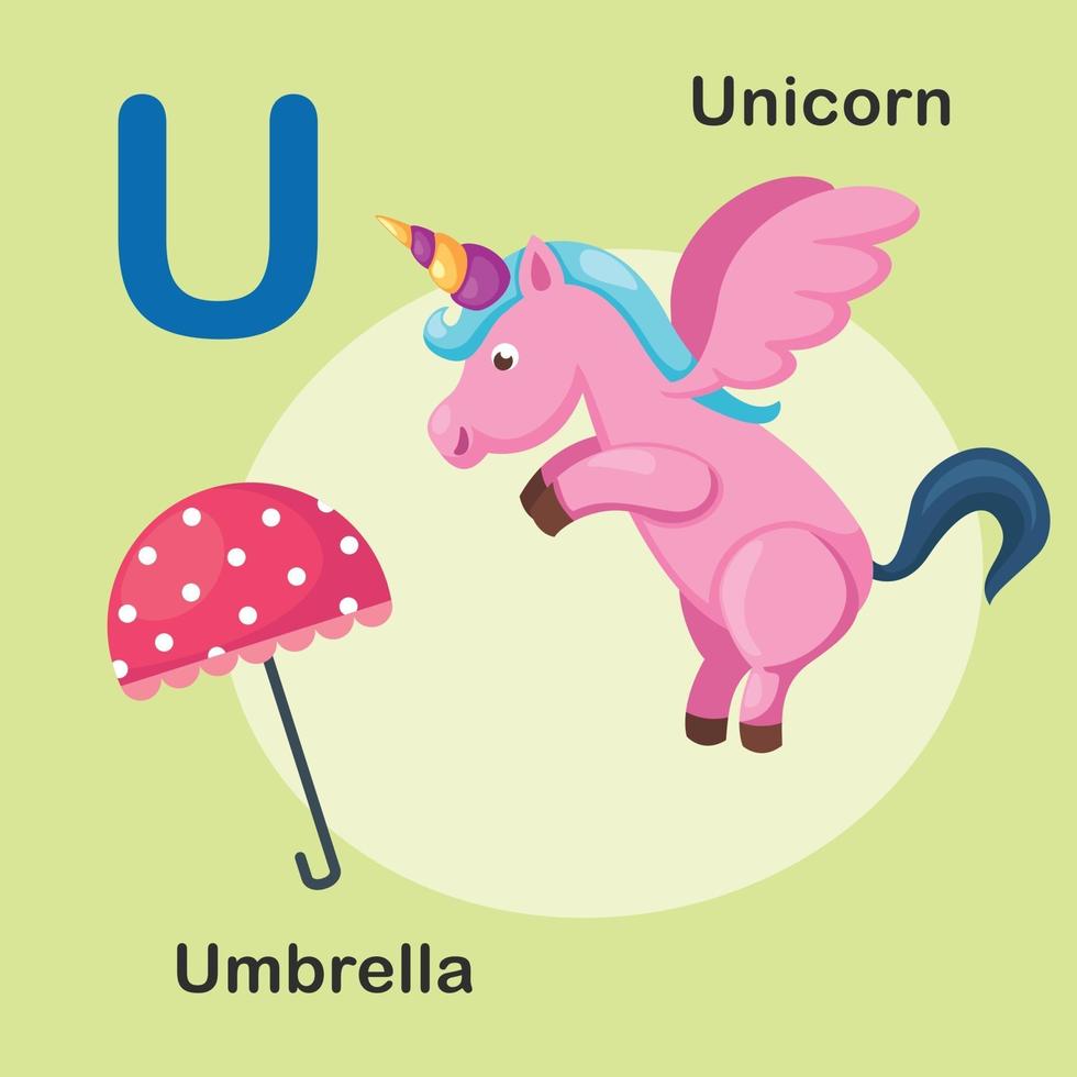 Ilustración animal aislado alfabeto letra u-unicornio, umbrella.vector vector