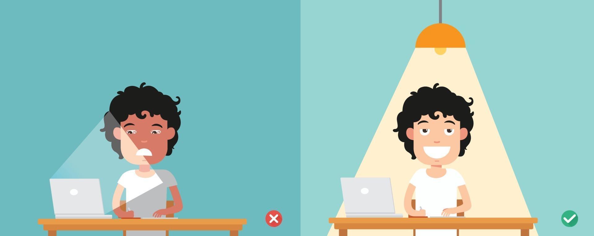 wrong and right for proper lighting in the room illustration vector