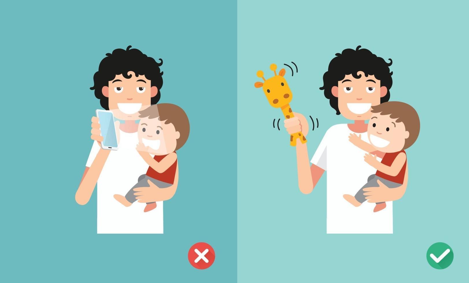 maneras correctas e incorrectas de jugar con los niños vector