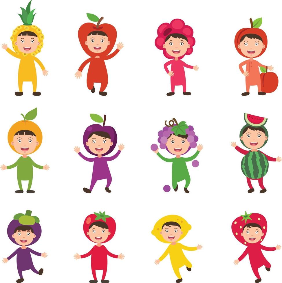 Ilustración de conjunto aislado de trajes de frutas para niños vector