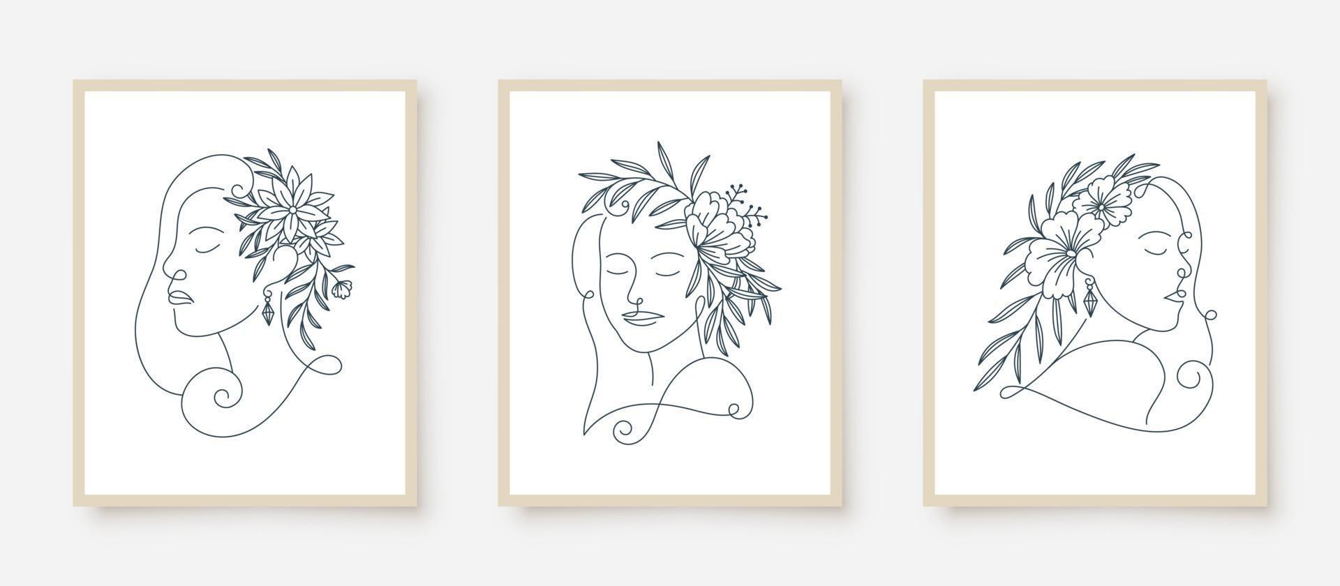 set of woman portraits line art floral frame vector