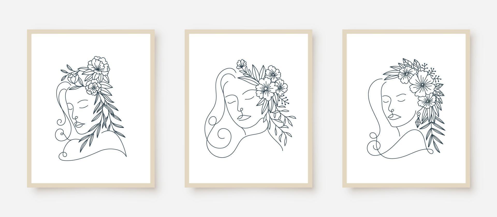 conjunto de retratos de mujer marco floral de arte lineal vector