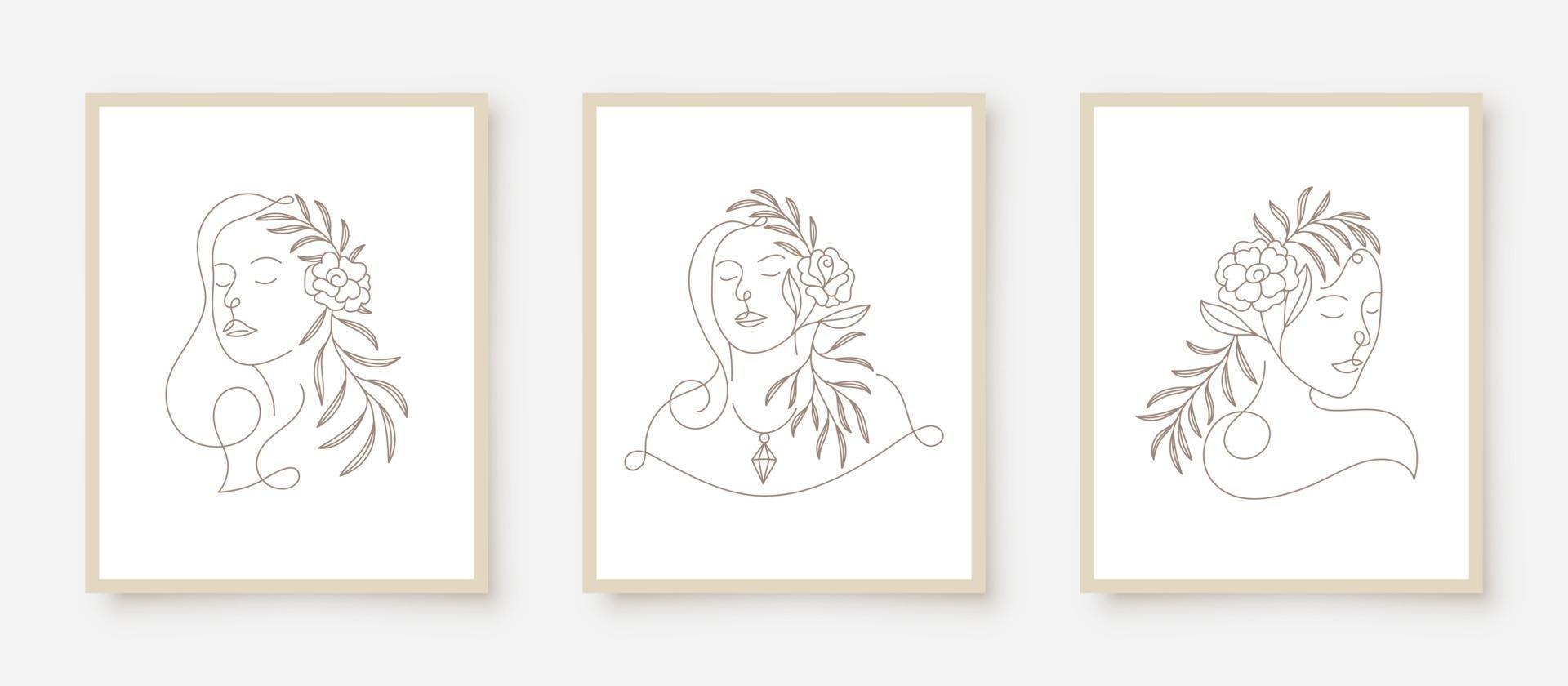 Rostros de mujer de belleza en marco floral de arte lineal vector