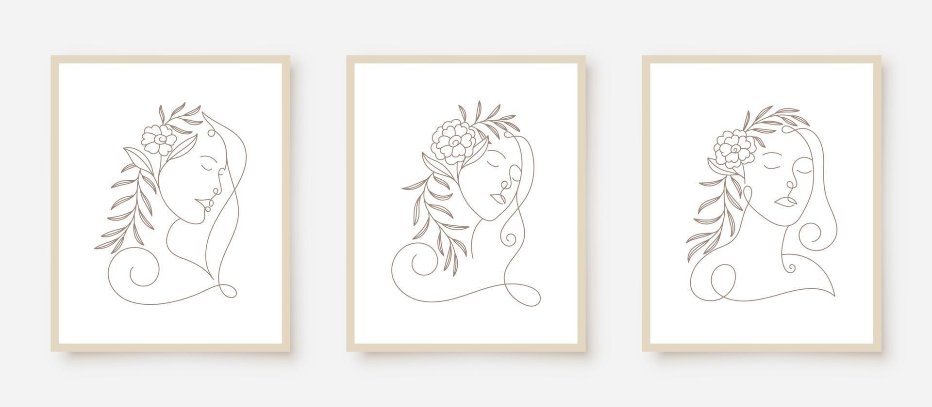 beauty woman faces in line art floral frame vector