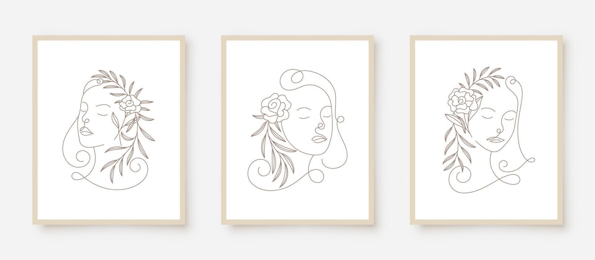 beauty woman faces in line art floral frame vector