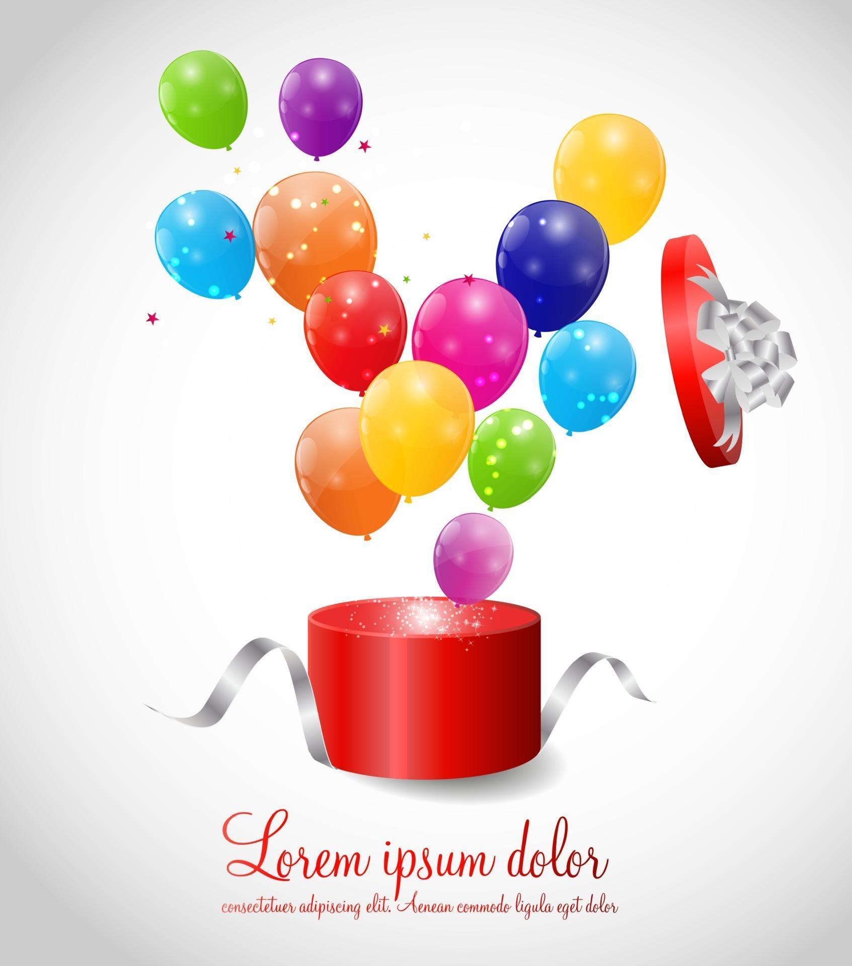 Color Glossy Balloons in Gift Box Background Vector Illustration