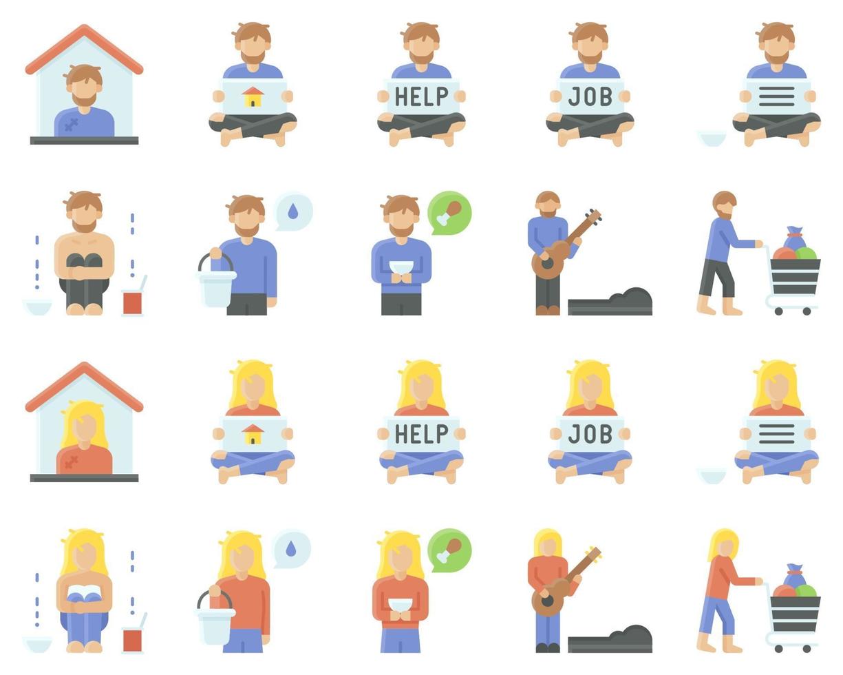 Homeless vector icon set 1, flat style