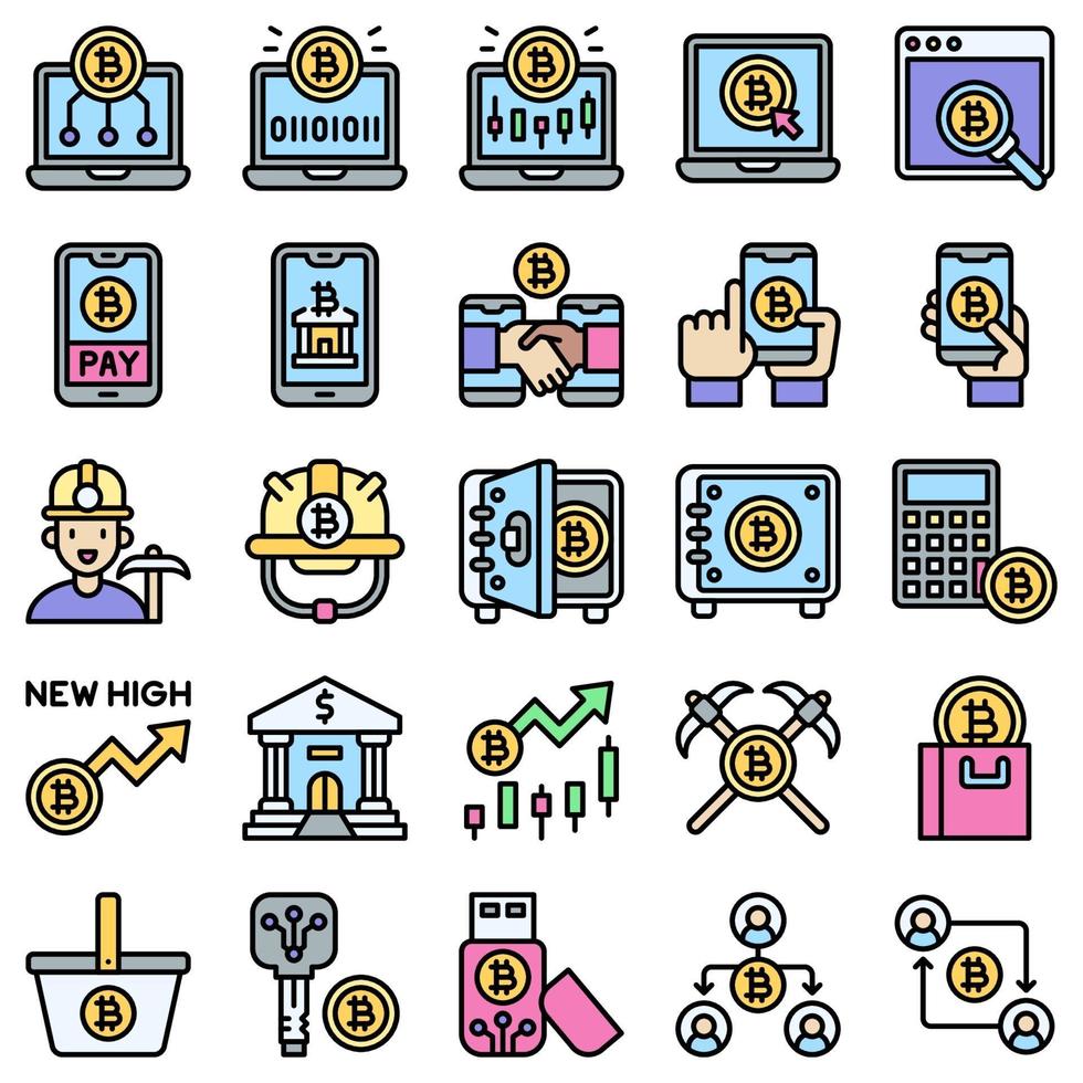 conjunto de iconos llenos relacionados con bitcoin y criptomonedas 4 vector