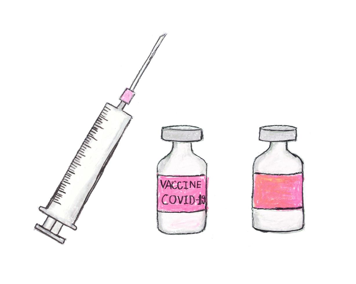 Syringe and COVID-19 vaccine drawing with crayon on white paper photo