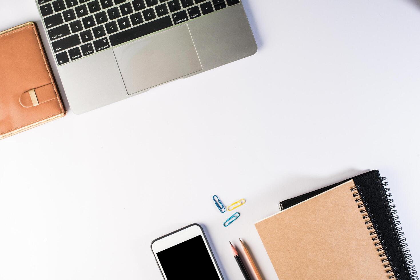 Flat lay, top view office table desk. Workspace background. photo