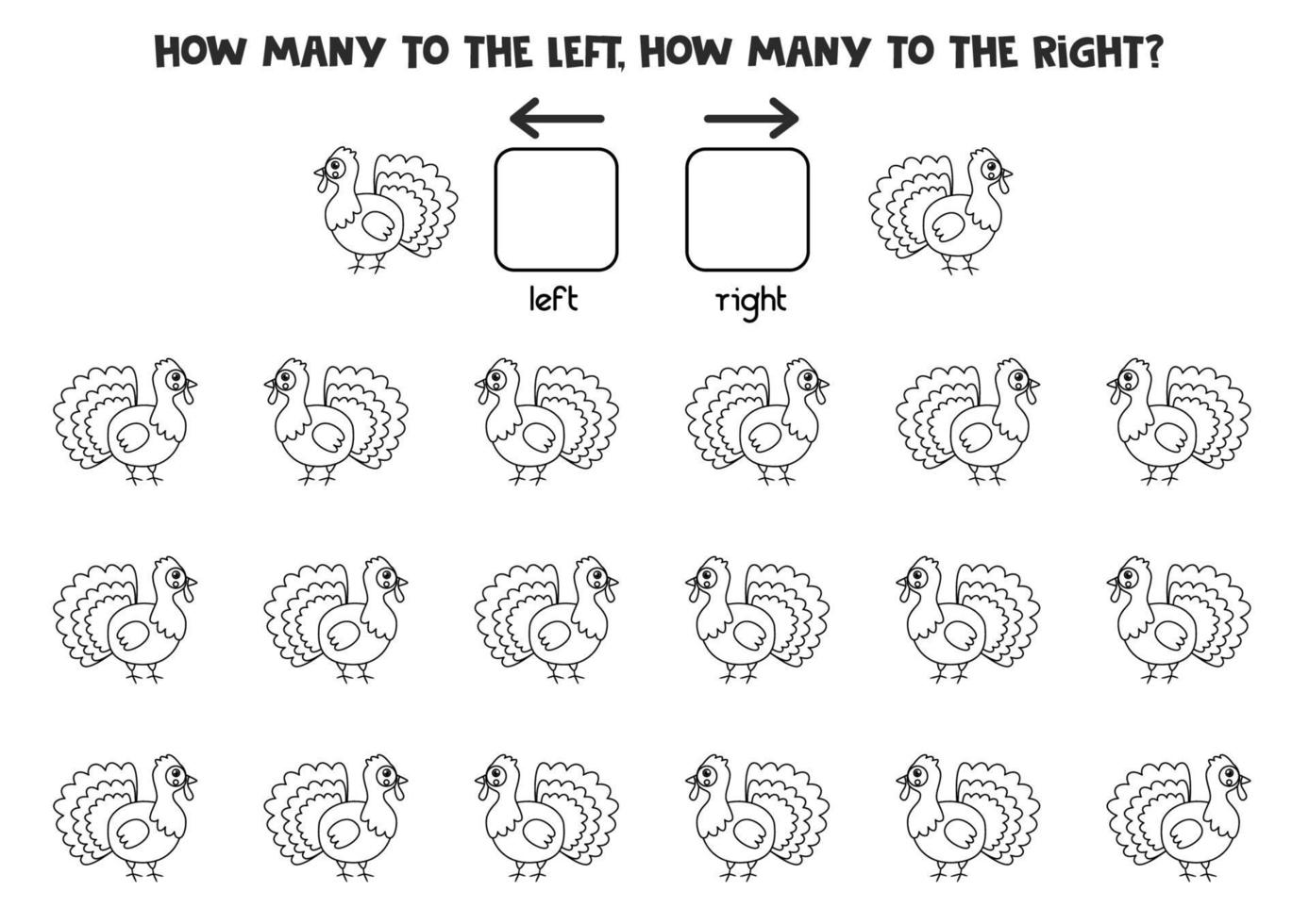 Left or right with black and white turkey. Logical worksheet vector