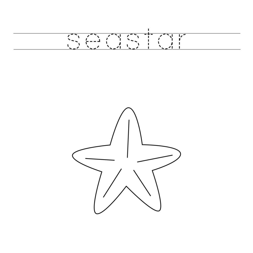 Trace word and color cute cartoon sea star. vector